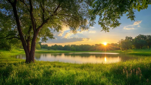 Low-angle sunset over reflective pond with backlit foliage rendering