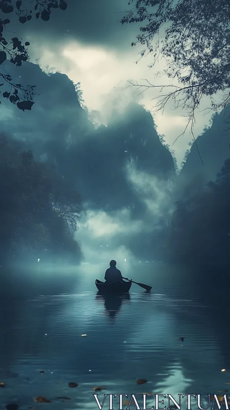 Quiet rowboat journey through misty blue mountain river.