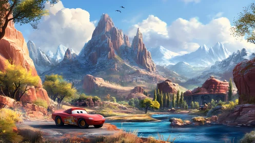 Anthropomorphic racing car in stylized alpine canyon environment.