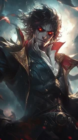 Vampiric swordsman with glowing red eyes in stormy dusk
