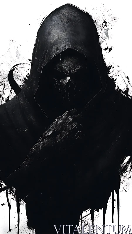 Hooded reaper figure emerges from dripping black ink void