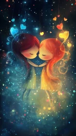 Two stylized figures kissing with opposing luminescent hair in cosmic particle environment