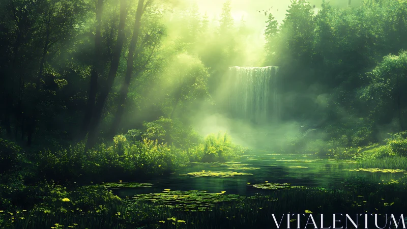 Misty Forest Waterfall with Ethereal Golden Sunlight