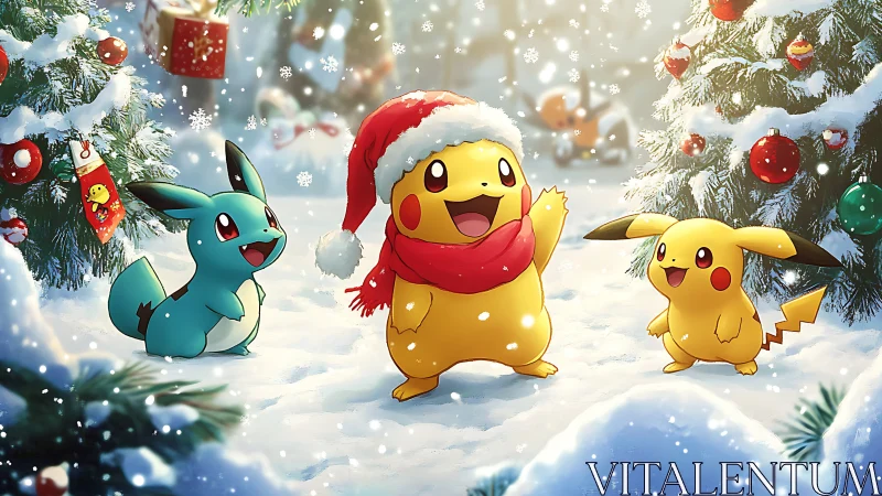 Festive Pikachu Christmas scene in snowy forest clearing.
