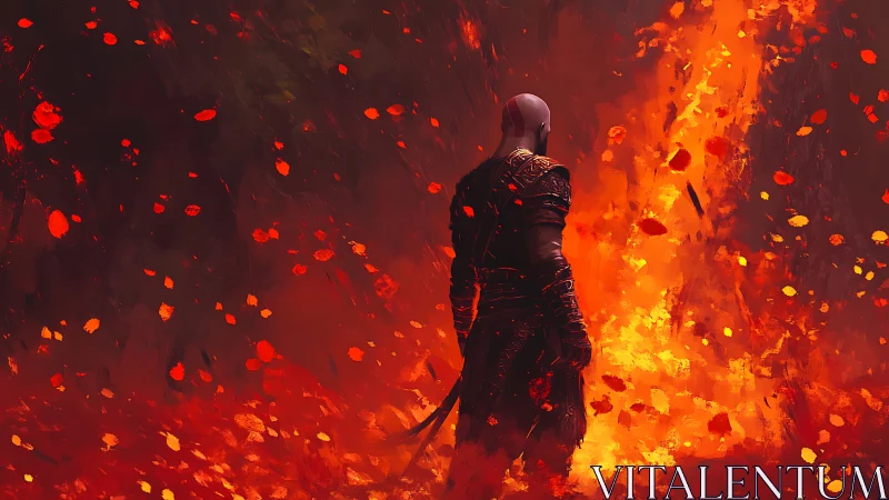 Armored warrior studies vertical fire column amid drifting embers