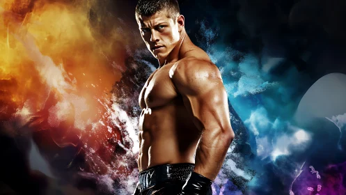 Powerful boxer stands strong in vivid fiery and cool light