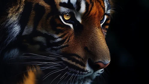 Close profile view of tiger head in low key lighting.