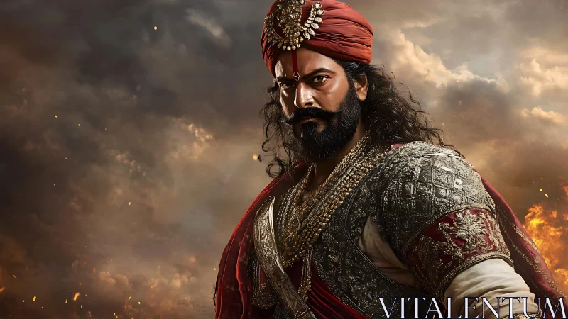 Militarized royal warrior under storm-lit emberscape sky.