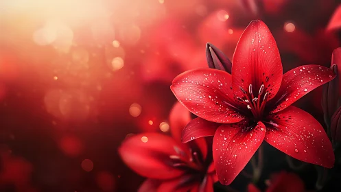 Red Lily with Dewdrops in Bokeh Lighting