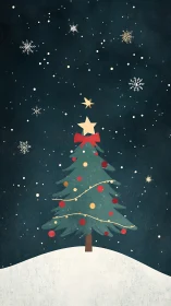 Simple Christmas tree on snowy hill with dark night sky.
