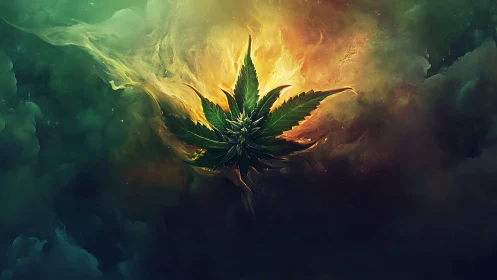 Glowing cannabis leaf burns within swirling smoky nebula