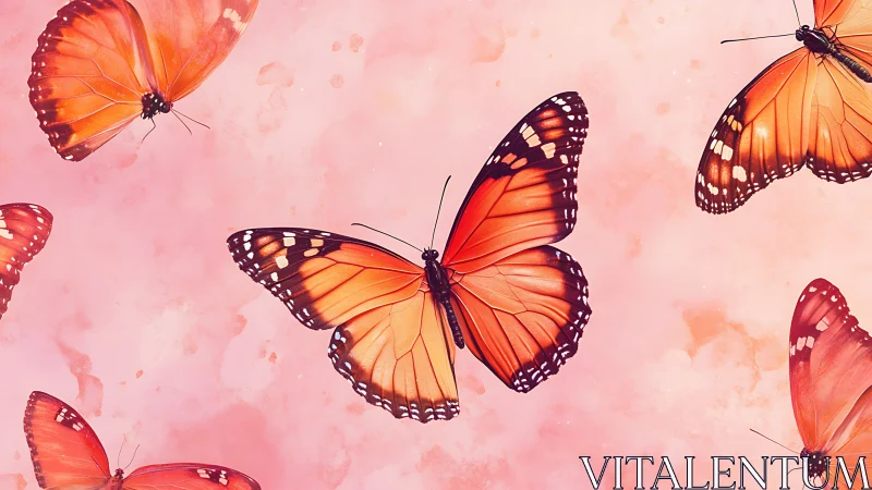 Vibrant orange butterflies drift gently across soft pink skies