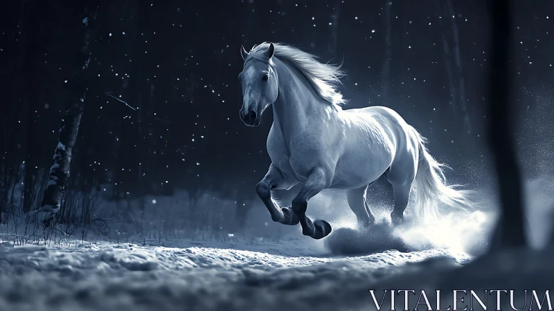 Moonlit stallion carves a silver path through falling snow