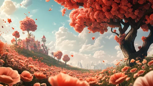 Landscape rendering shows stylized poppy field and distant town