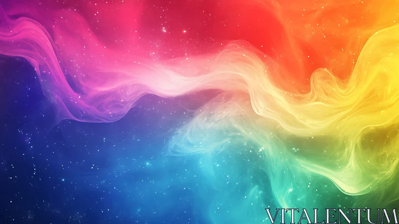 Cosmic rainbow nebula flows across a starlit galaxy sky.