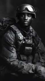 Portrait of tactical soldier in dramatic monochrome lighting.