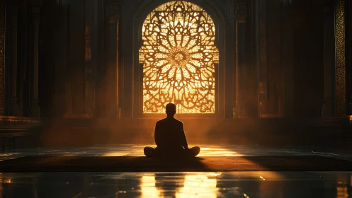 Silhouette meditating before ornate glowing window in hall.