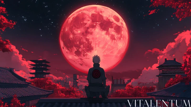 Solitary figure observes oversized red moon above stylized city