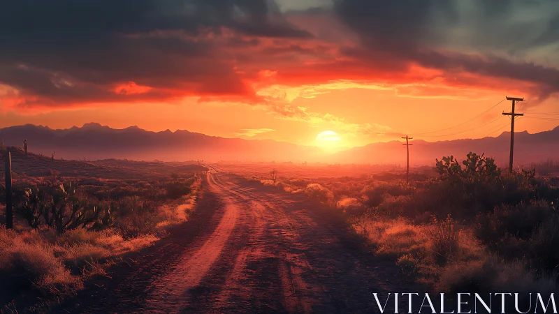 Desert dirt road under volumetric sunset illumination field.