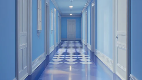 Long blue hallway with white doors and geometric floor.