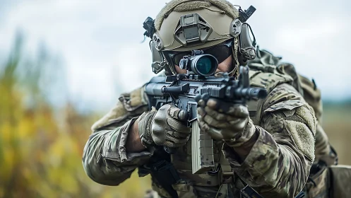 Focused soldier aims forward with modern tactical rifle outdoors