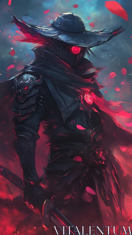 Cybernetic dark swordsman with glowing crimson core in storm