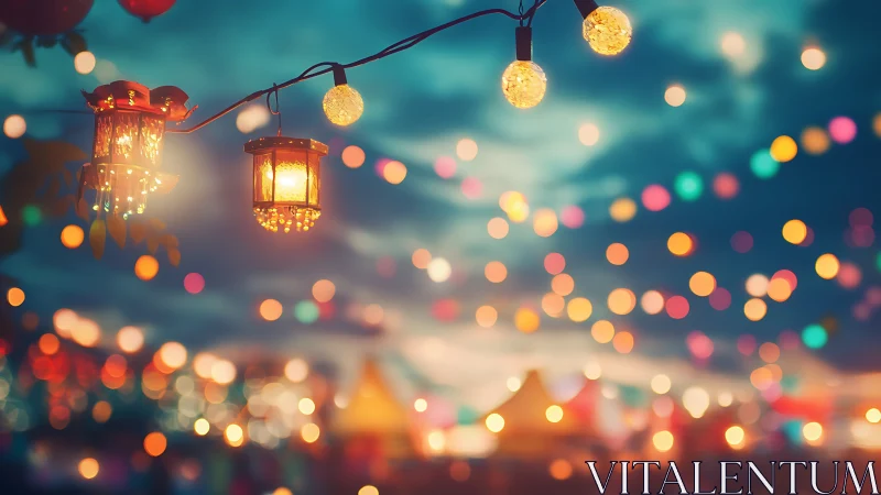 Festival lantern string lights over colorful night bokeh.