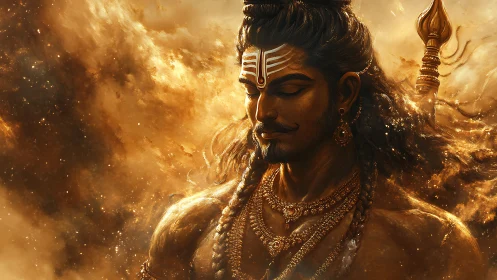 Golden-hued warrior deity portrait in swirling celestial dust