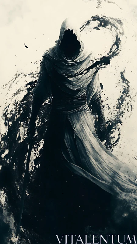 Shrouded wraith silhouette amid swirling monochrome shadow vortex
