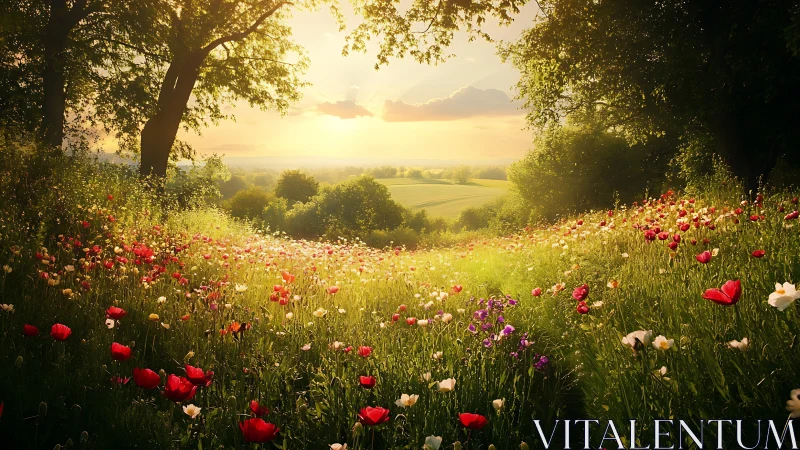 Sunlit wildflower meadow descends toward distant rural valley