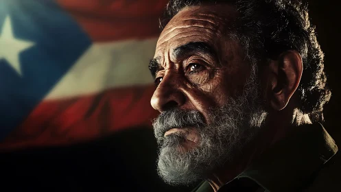 Weathered gaze beneath a softly waving island flag.