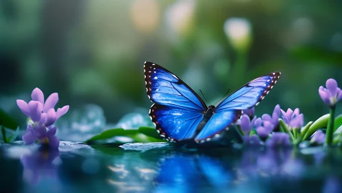 Azure butterfly drifts over glassy water in dreamlit garden.
