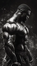 Muscular boxer profile in dramatic wet monochrome light.