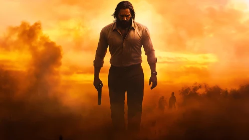 Storm-lit lone gunman strides through molten dusk haze.