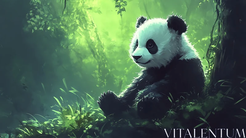Gentle panda resting in luminous emerald forest clearing.
