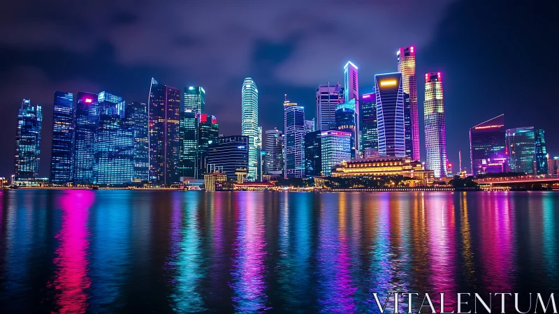 Colorful modern city skyline reflected on calm night water.