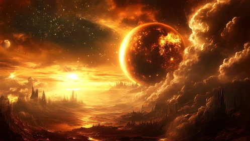 Emberborn horizon beneath a burning crimson starfield.