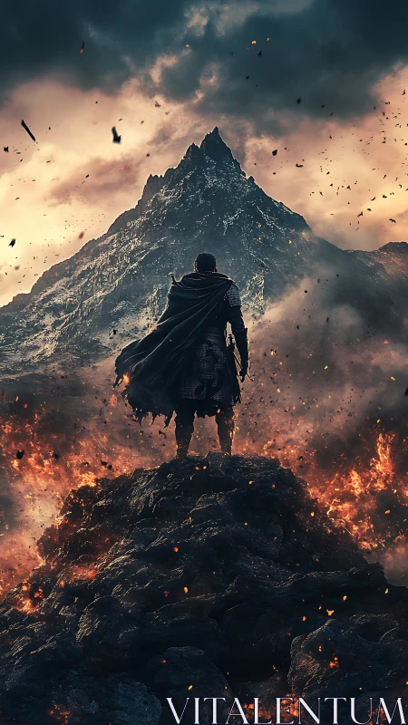 Lone hero quietly faces a burning mountain under stormy skies