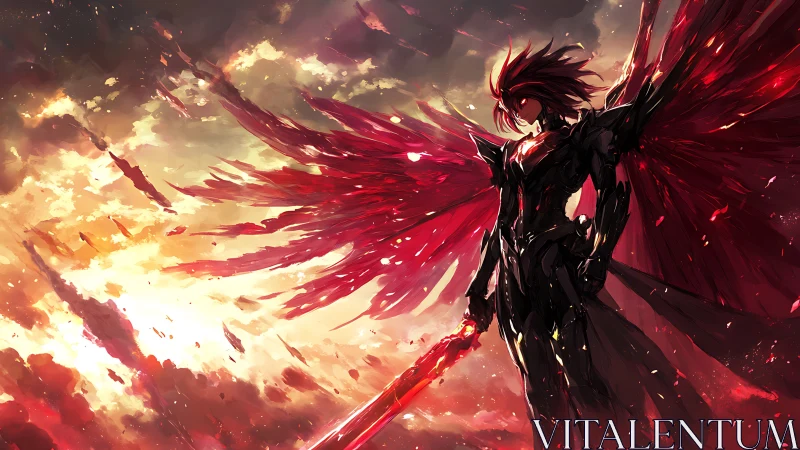 Fierce winged guardian rising in a storm of glowing embers.