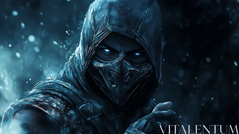 Hooded ice assassin glares with glowing frostbitten eyes.