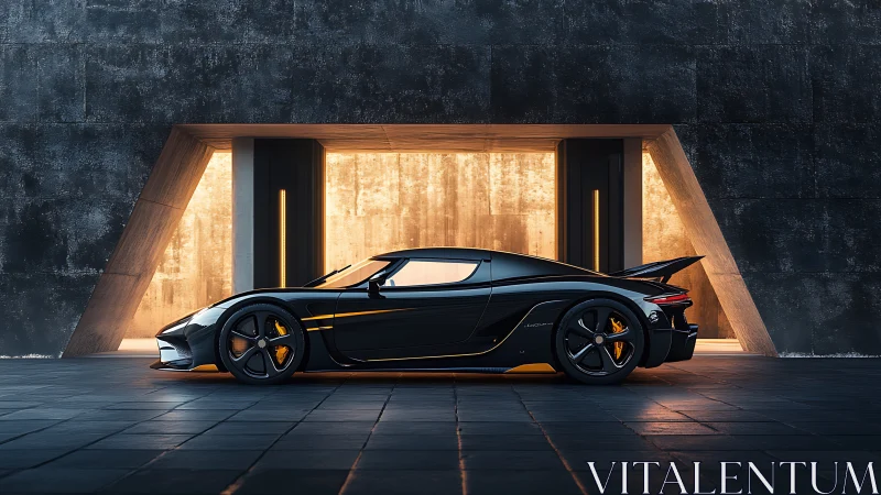 Sleek black hypercar in cinematic architectural lighting setup.