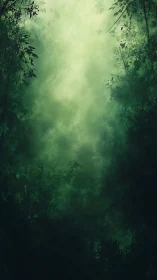 Vertical misted forest corridor with layered atmospheric depth