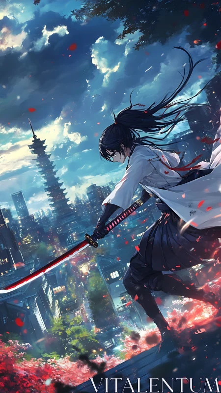 Twilight samurai poised above a neon-bright city skyline.