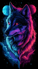 Neon cosmos wolf crowned by twin moons in electric night.