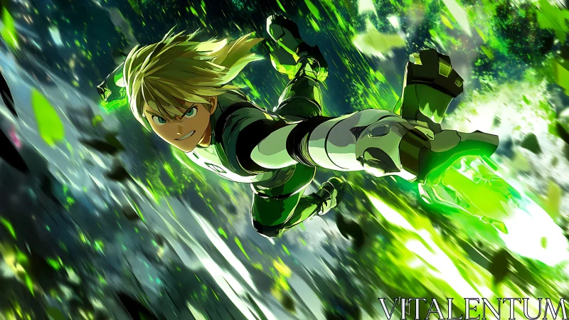 Emerald velocity hero dives through shattering neon sky.