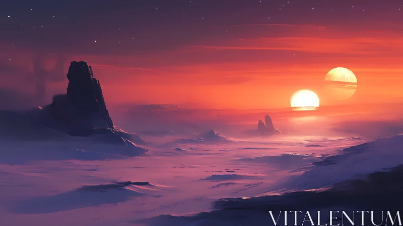 Twin suns ignite frozen alien desert in crimson dusk