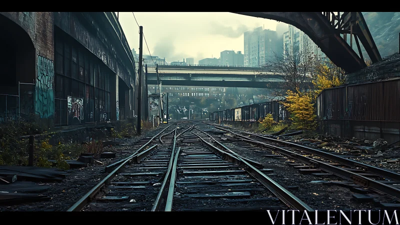 Rustbound railways carve through fog and forgotten concrete.
