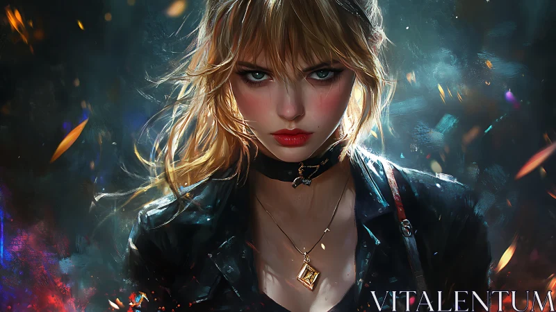 Fierce blonde woman in leather jacket amid glowing embers