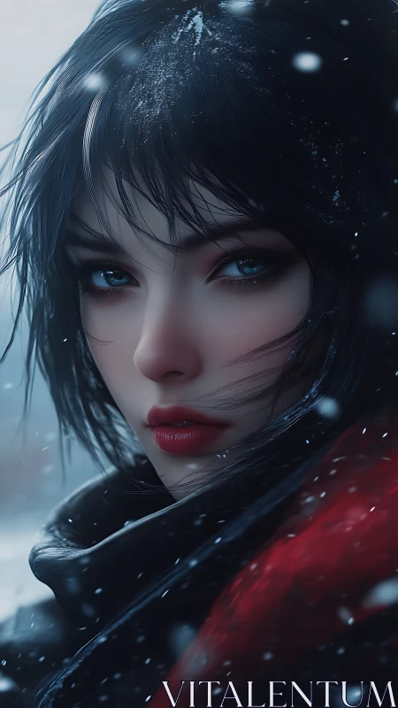 Winter-lit portrait of blue-eyed woman in crimson scarf.
