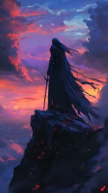 Hooded figure stands on volcanic cliff at sunset
